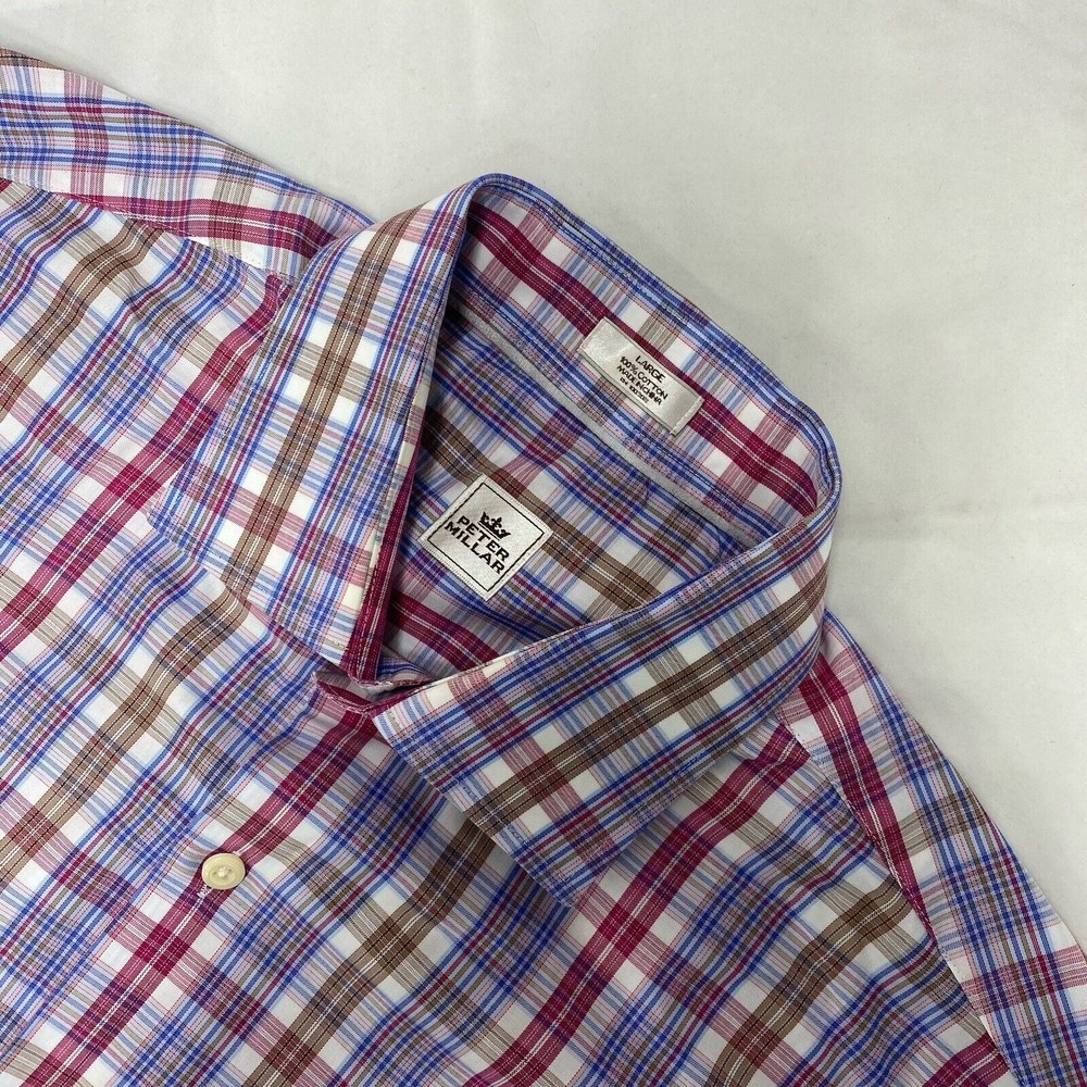 Peter Millar Men's Blue Red Plaid Cotton Long‎ Sleeve Button Down Shirt Size L